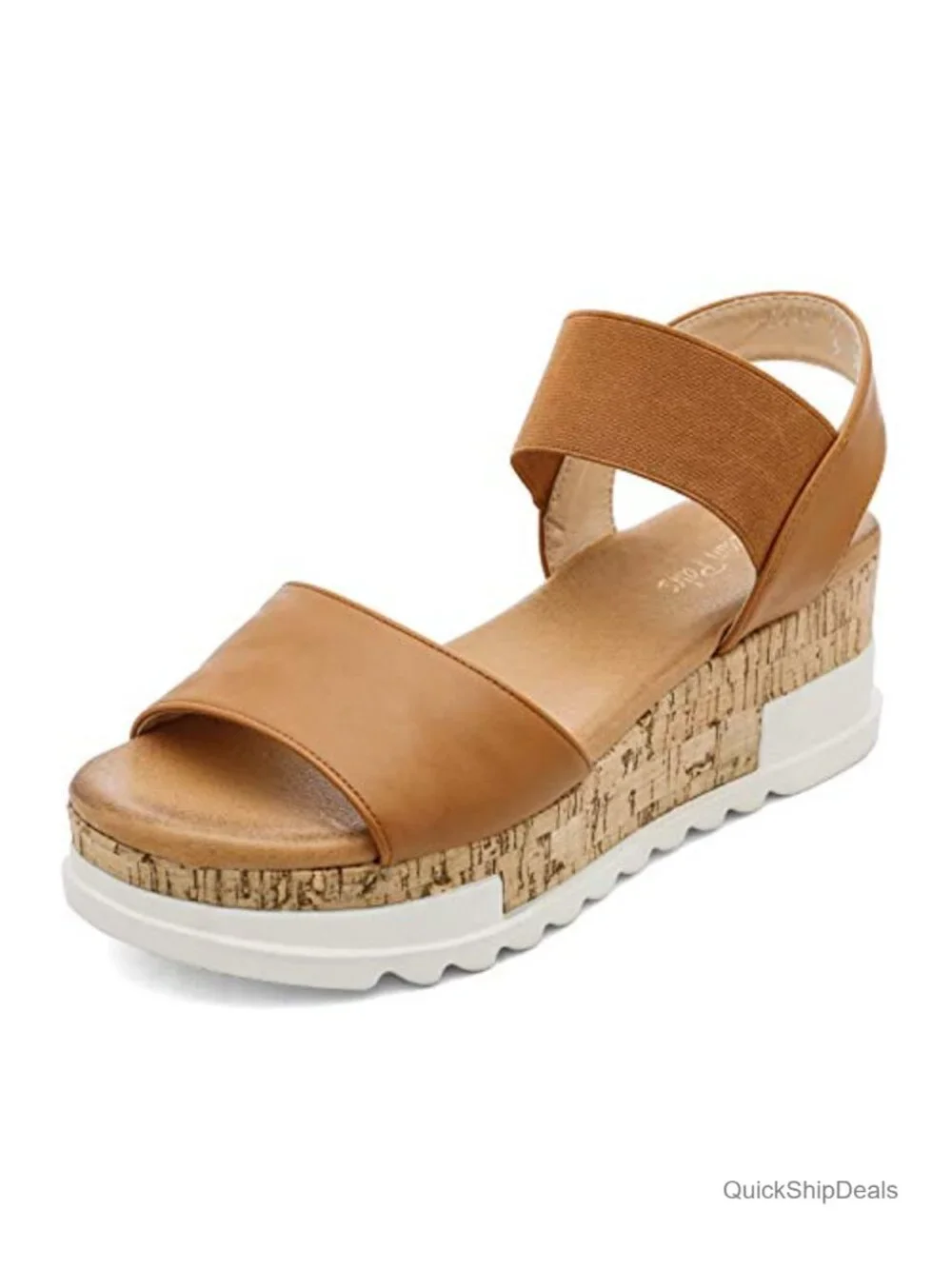 Faux Leather Wedge Platform Sandals Elastic Straps Cushioned Footbed